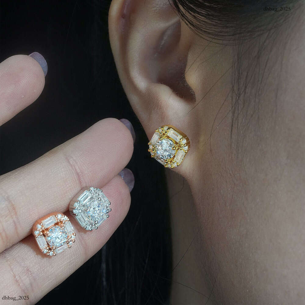Hip-Hop Personality Trendy Style Unisex Square Moissanite Jewelry Electroplated Gold and Sier Stud Earrings
