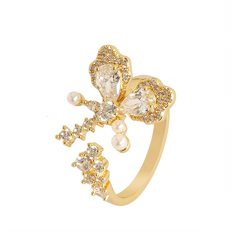 Fashion Simple Diamond-Studded Pearl Butterfly for Women, Non-Fading, Niche Adjustable Open Finger Ring