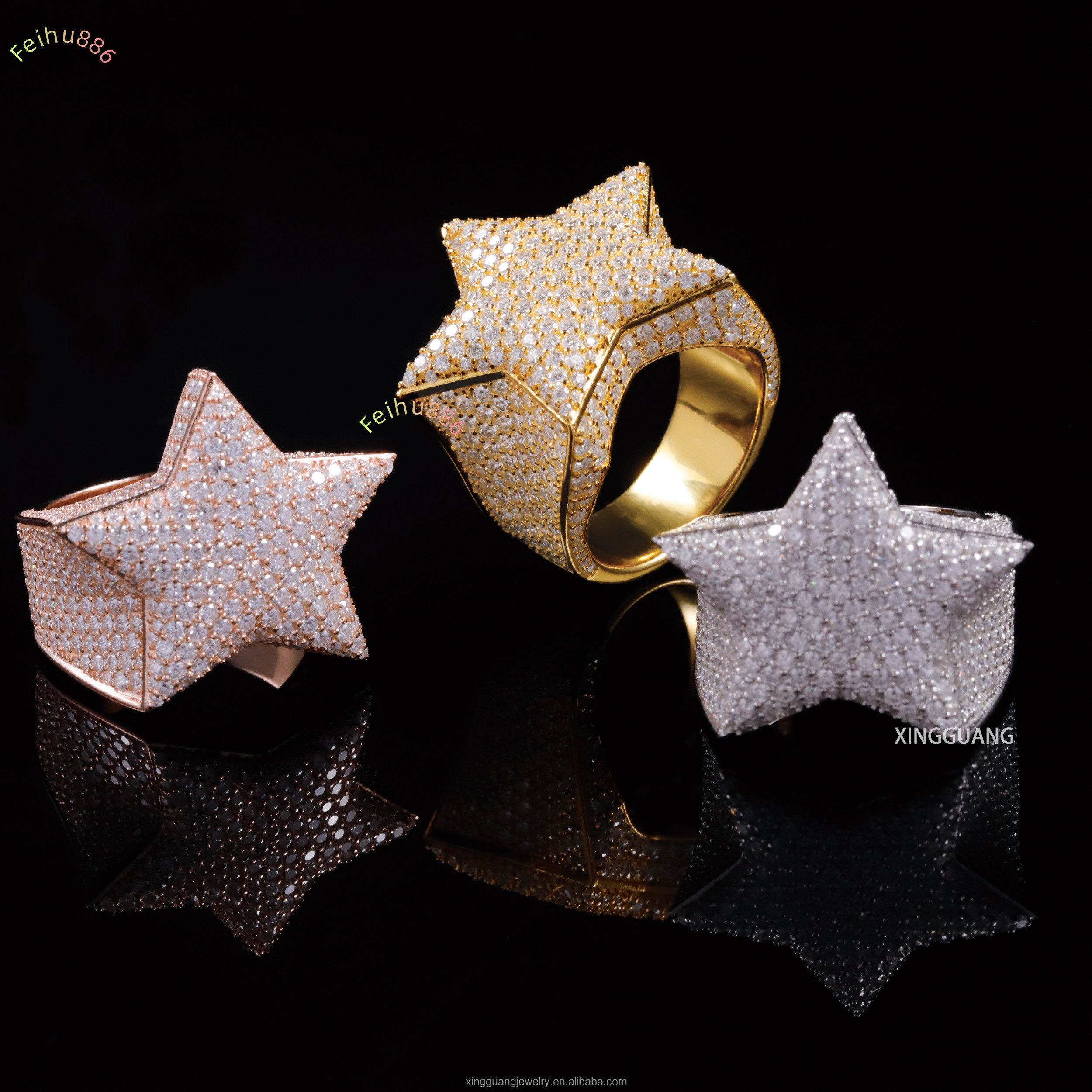 Hot Sale Gold Plated 6#~13# Full Size Lucky Star Ring Ice Out Moissanite Hip Hop Style Cuban 925 Sterling Silver Rings for Men