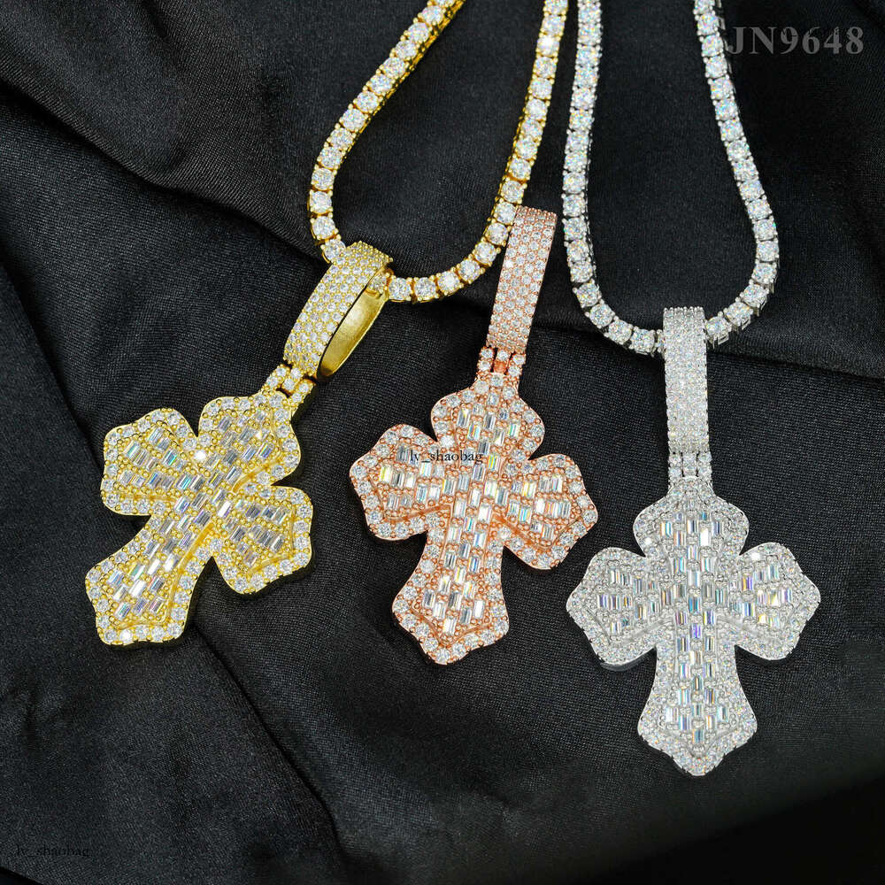 Sier Inlaid Moissanite Cross Hip Hop Pendant Personality Trendy Versatile Necklace Jewelry