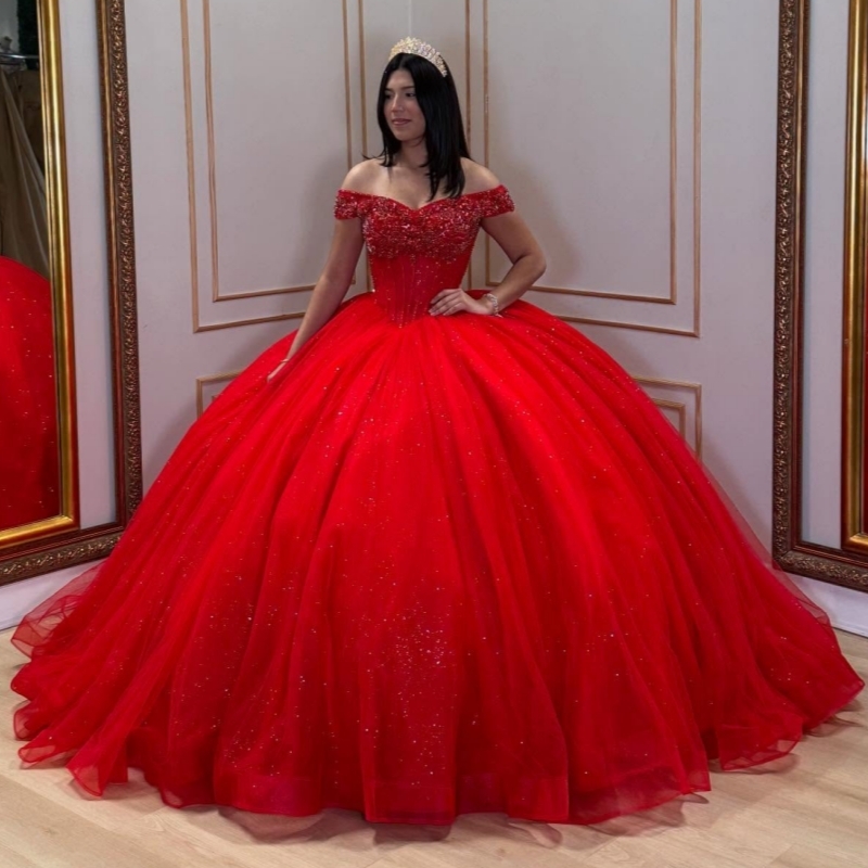 Red Shiny Quinceanera Dresses Off The Shoulder Beading Crystal Tull Party Birthday Ball Gown Vestidos De 15 Anos Sweet 16 Dress