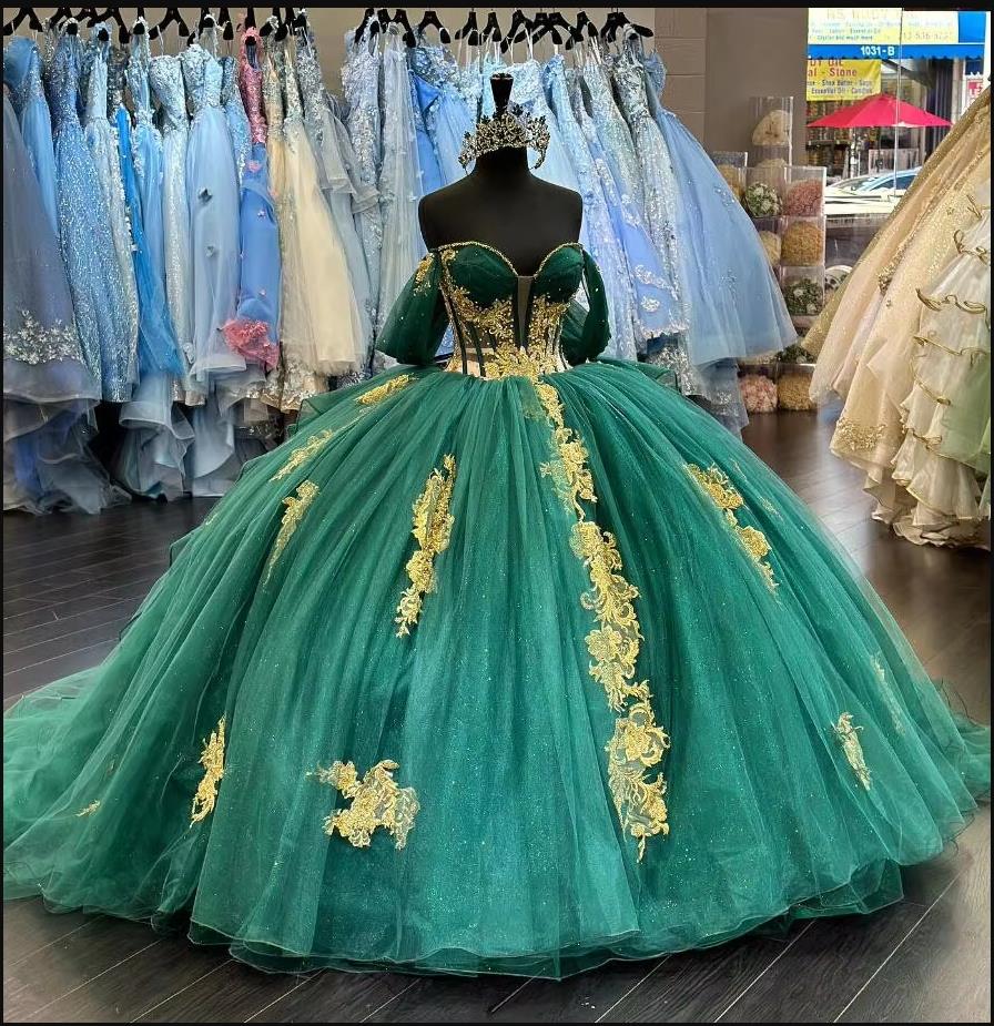 Hunter Green Sparkly Princess Quinceanera Dresses 2025 Off Shoulder Applique Lace-up Corset vestido de 15 anos quinceanera