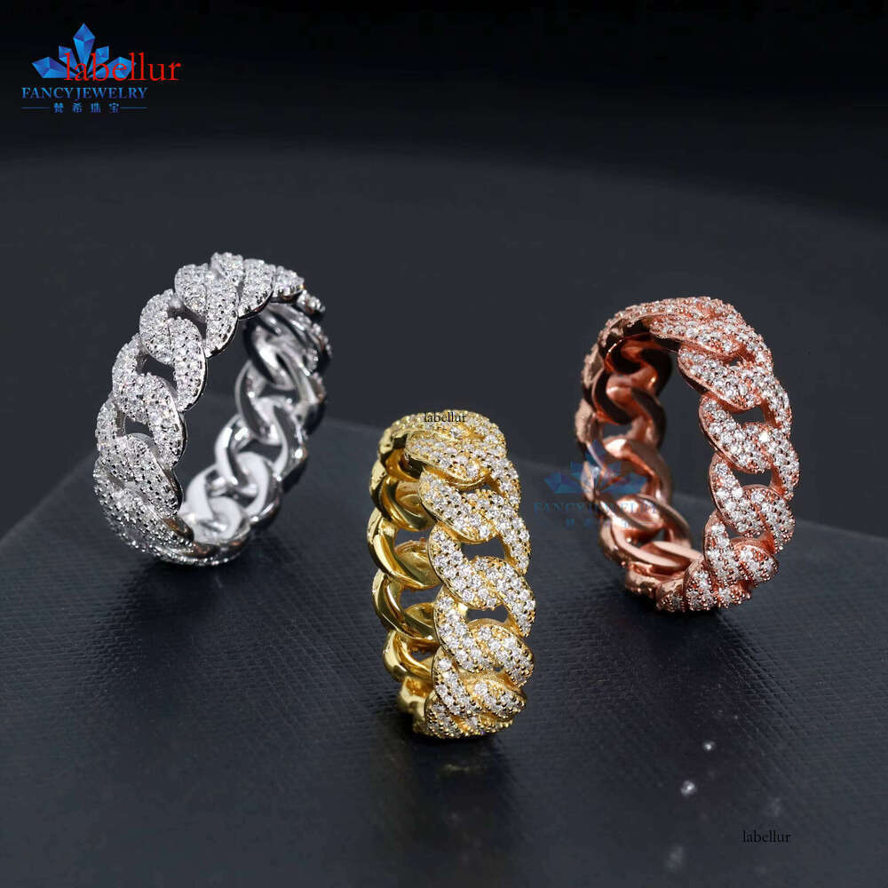 Pure Silver Pyroxene 7mm Hip Hop Ring Classic Design Cuban Shape Quality Certified Wedding Party Daily Wear