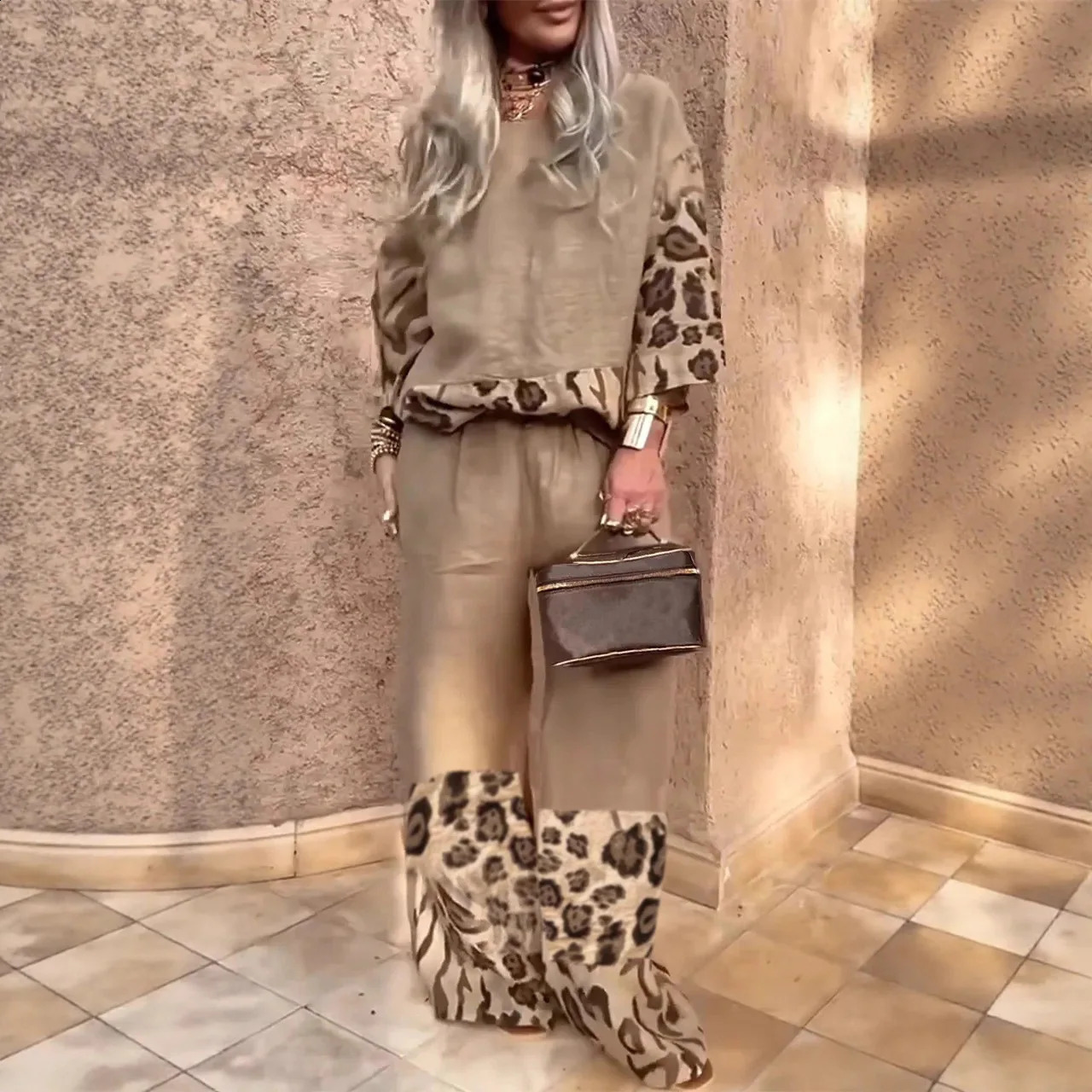 Fashion Vintage Leopard Print Two Piece Set Women Loose Seven-quarter Sleeve Tops Wide Legs Trousers 2 Piece Sets Spring Autumn 250808