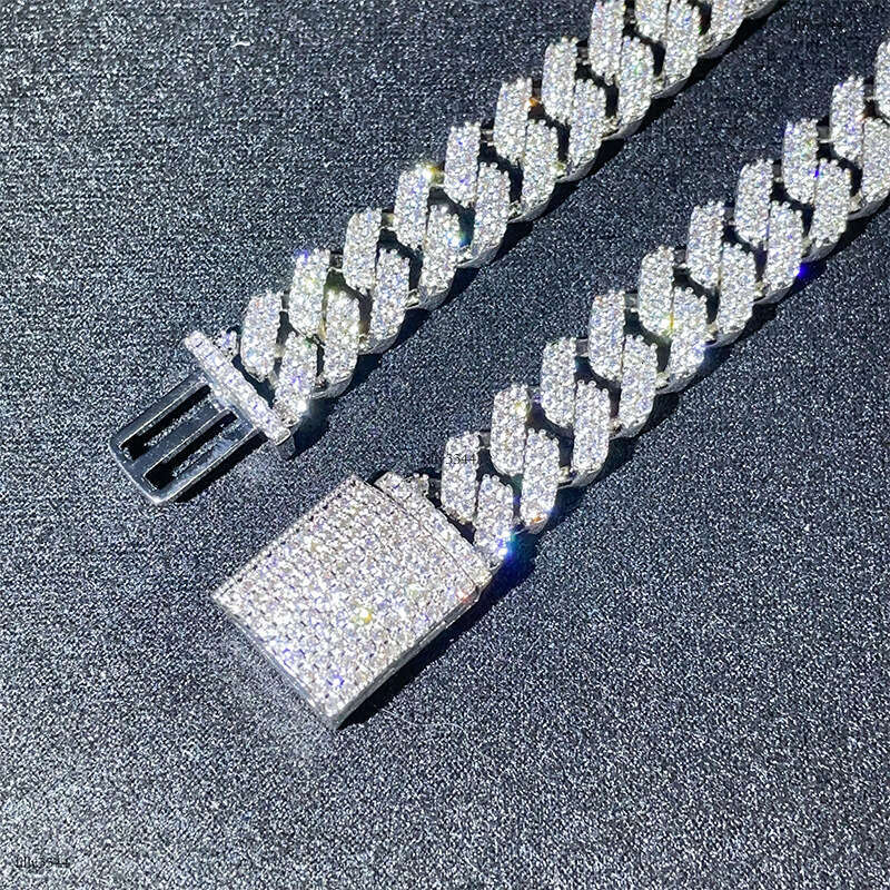 Sterling Silver Inlaid Moissanite chain Cuban Chain 13mm Two Row Stone Dia Hip Hop Jewelry Men's Necklace