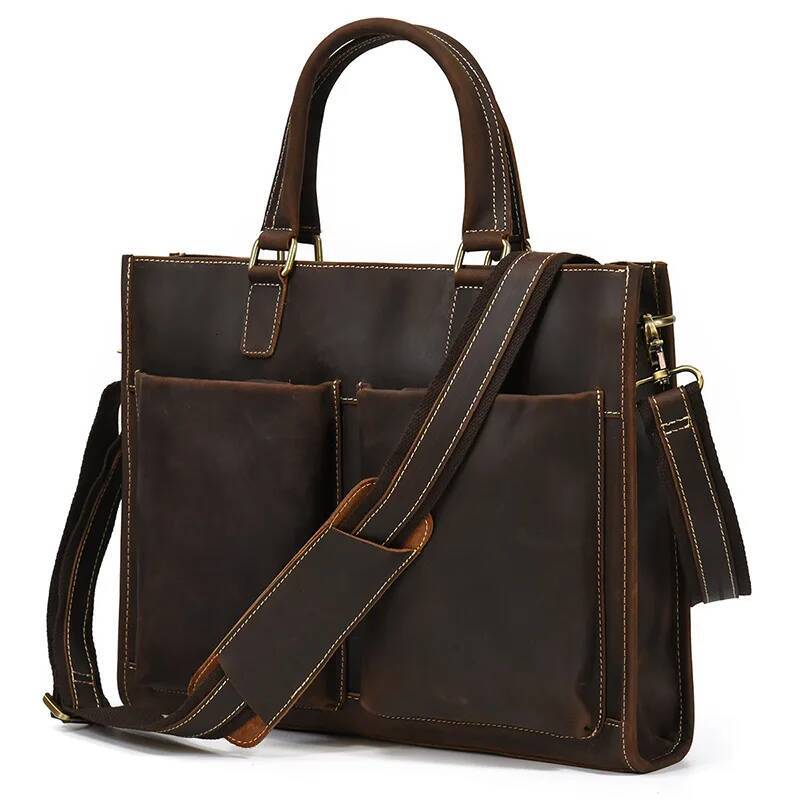 Newsbirds Leather Men 100% Cow Skin Briefcase Shoulder Strap Laptop Handbag With 2 Front Pockets New Designer Bag