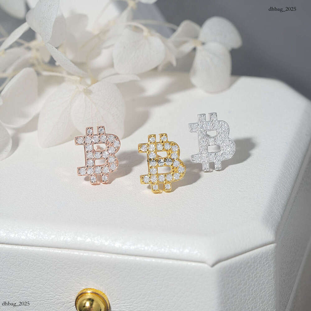 INS New Iced Out VVS Inlaid Moissanite Classic Bitcoin Simple Stud Earrings