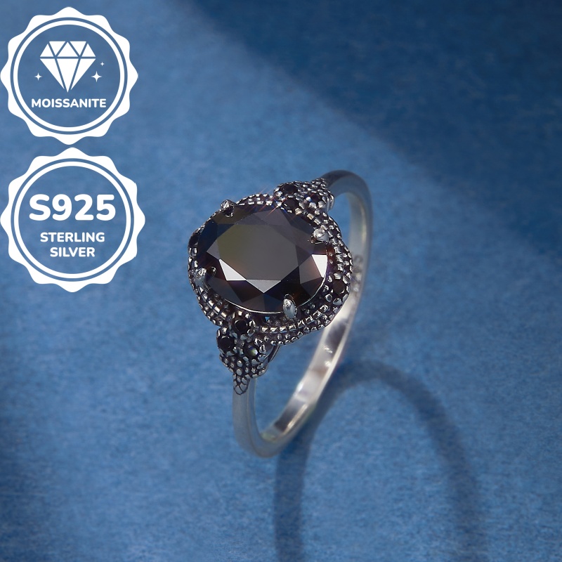 MT Vintage 2ct Oval Black Moissanite Ring for Women and Men -October Birthstone-925 Sterling Silver Art Deco Bridal Wedding Promise Ring for Her Hallo