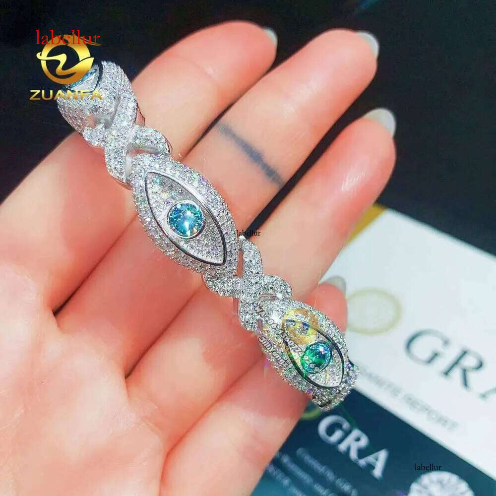 12Mm Fashion Evil Eye Sea Blue Fancy Jewelry Unlimited Moissanite Cuban Chain Bracelet