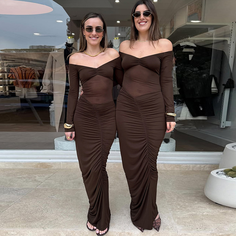 2025 Autumn New Sexy Sheer Off-Shoulder Long Sleeve Ruched Elegant Bodycon Dress for Women