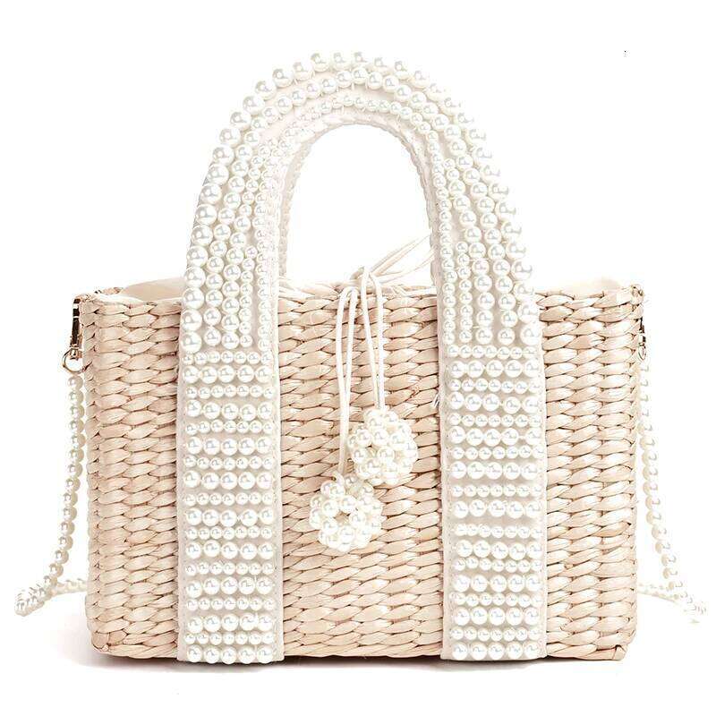 New Women's Handbag with Pearl Ladies Hand Bags Straw Basket Large Tote Crossbody Messenger Bag for Womens Handbags and Purses