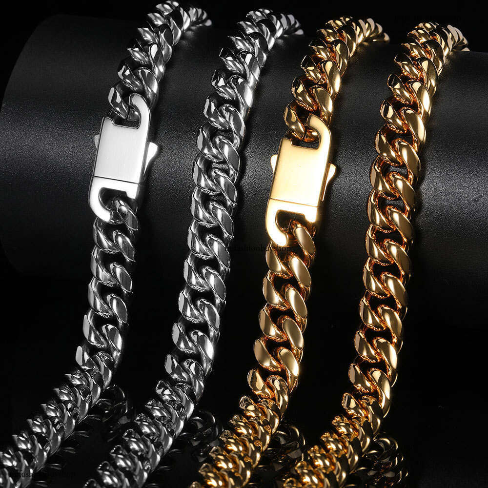 Hip Hop Smooth Buckle Stainless Cuban Chain Titanium Steel Polished Round Grinding Encrypted Miami Men's Necklace