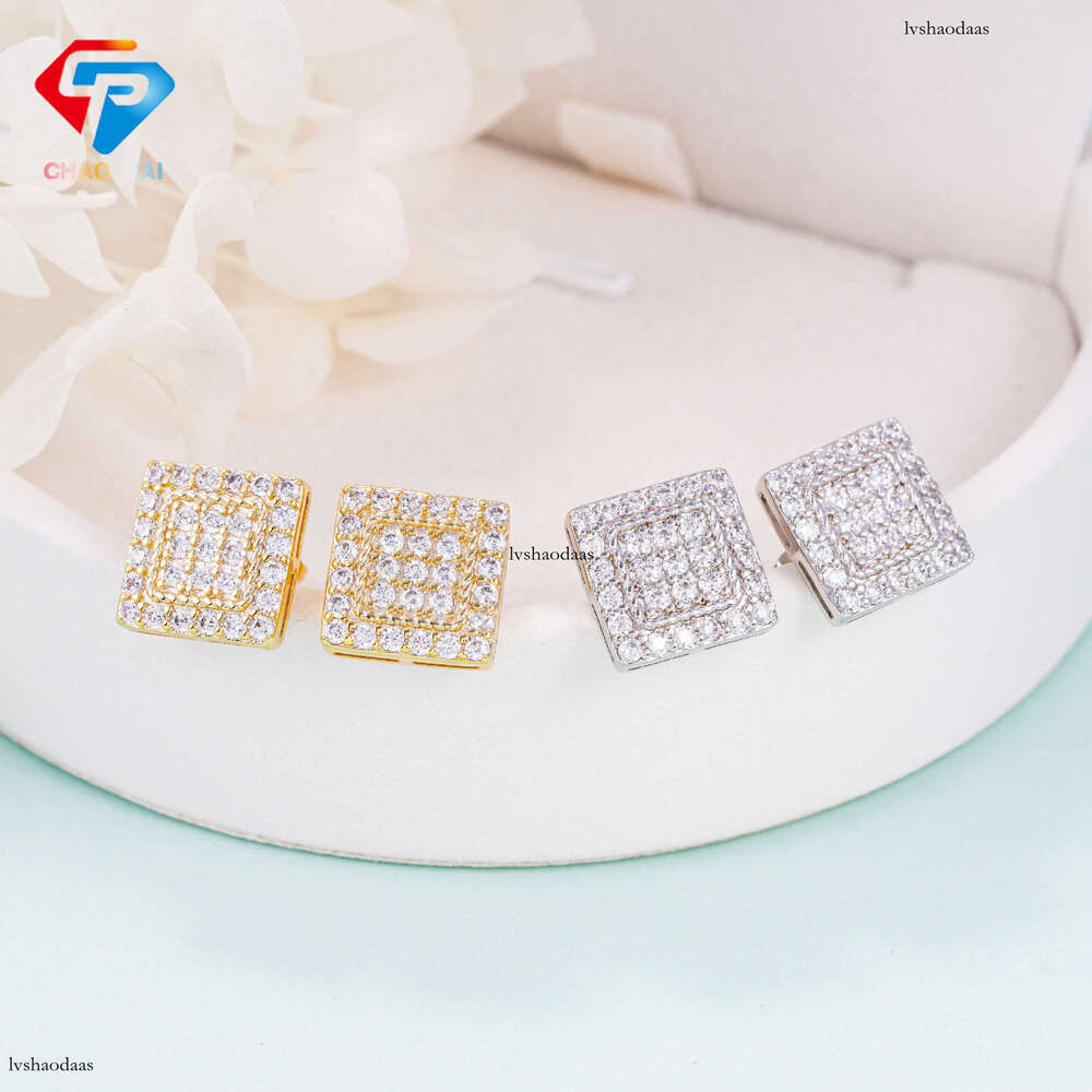 High-end Personality EarringIced Out VVS Inlaid Moissanite Princess Square 10mm Unisex Fashion Light Ear Jewelry Cross