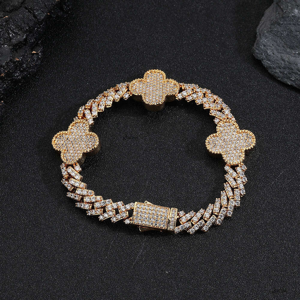 Hip Hop Spring Buckle Four-Leaf Clover Rhombus Cuban Chain Zircon High-End Versatile Men's Bracelet