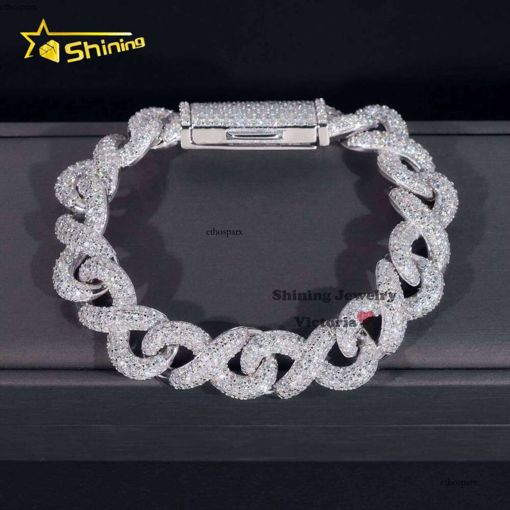 Fashion Best Selling Prong Setting White 12MM Cuban Iced Out Jewelry Moissanite Dia Hip Hop Infinity Link Bracelet