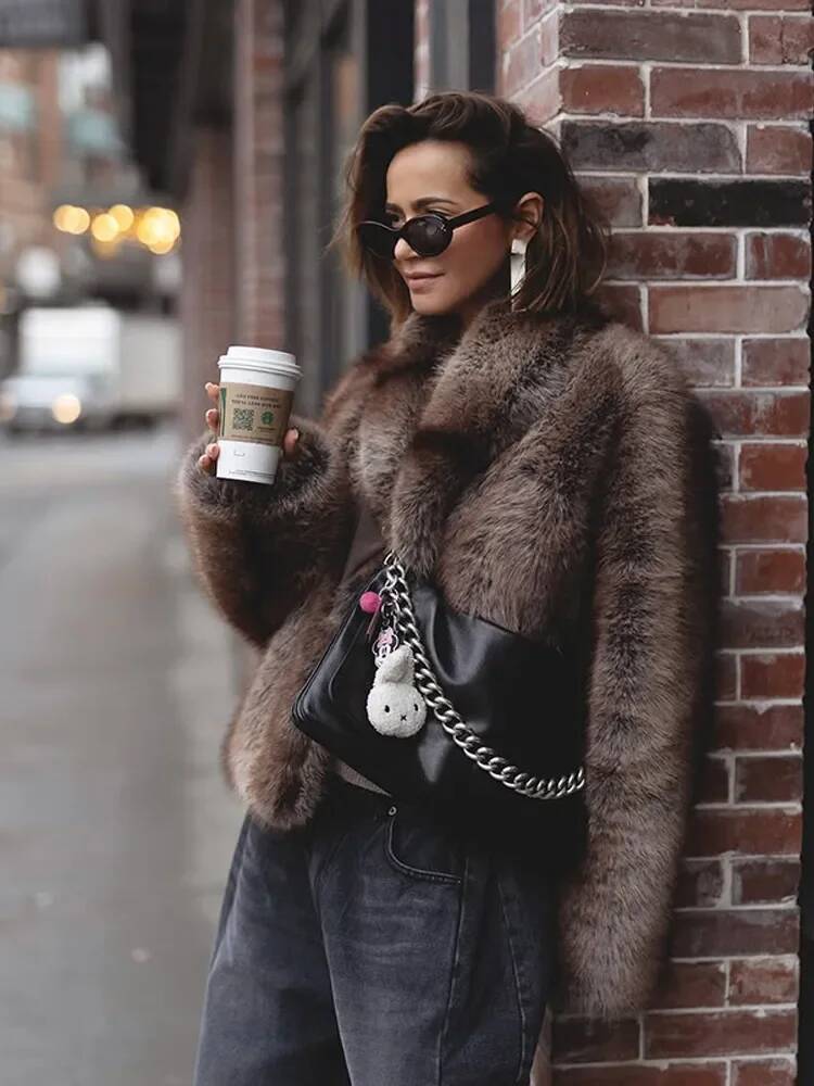 Fluffy Solid Faux Fur Thicken Jacket Women Elegant Lapel Long Sleeves Loose Plush Coats Autumn Winter Chic Female Street Wear
