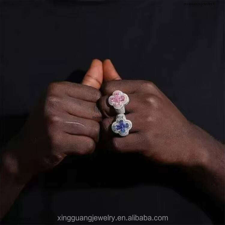 Fashion Four Leaf Clover Ring Sier pink Blue Green Moissanite Gold Plated Championship Jewelry Rings for Men Women