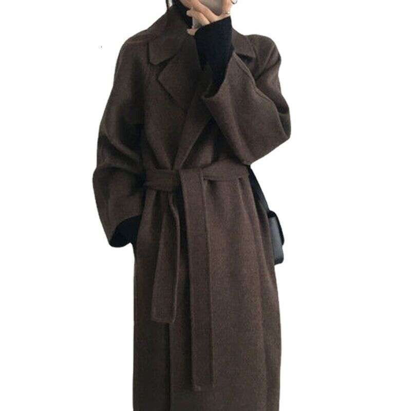 Women's mid-length suit collar loose tie double-sided woolen coat