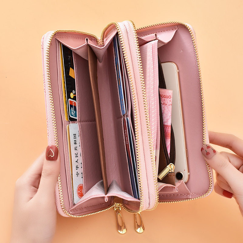 Wallet For Women Long Style European And American Shiny Leather Luxury Bag Double Zipper Clutch Large Capacity Double Layer Phone Bag Matte Wrist Stra