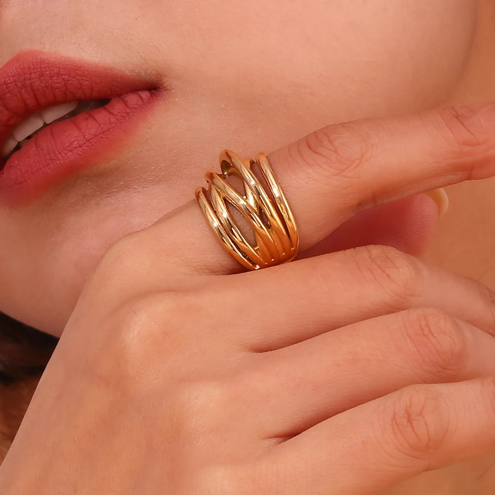 MamacitaSlay Stylish Waterproof Multi-Layer Irregular Woven Winding Womens rings Premium Stainless Steel Jewelry Decoration 250807