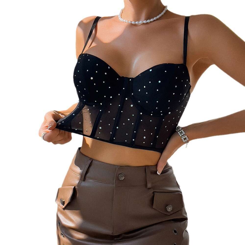 Sexy Nightclub Style Sequin Fishbone Underwire Push-Up See-Through Crop Top with Removable Chest Pads