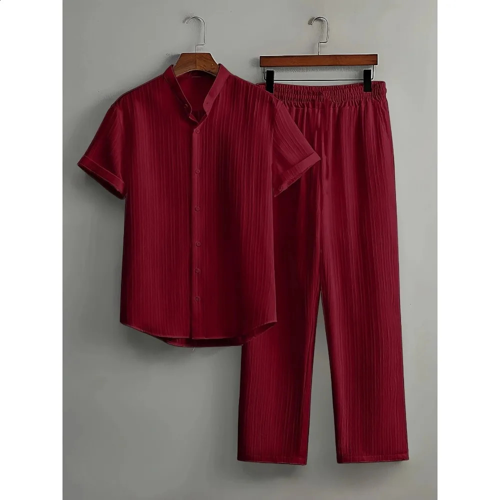 Mens Striped Shortsleeved Shirt and Breasted Lapel Suit Fashion Trendy Style Casual Waffle 250809