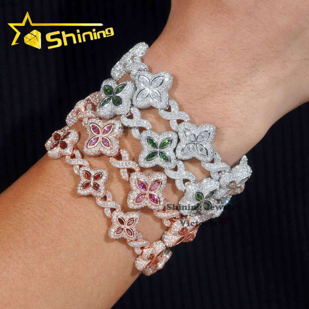 Hot Sale Popular Shining Hip Hop Sier Pink Blue Marquise Infinity Cuban Link Moissanite Bracelet