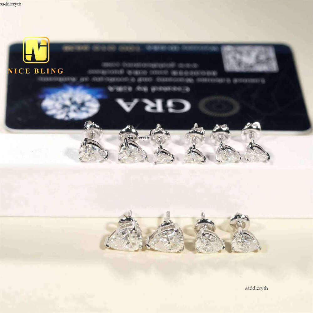Wholesale Price Solitaire Earrings Hip Hop Sier Jewelry VVS D Color Pear Cut Moissanite Dia Ear Studs for Men Women