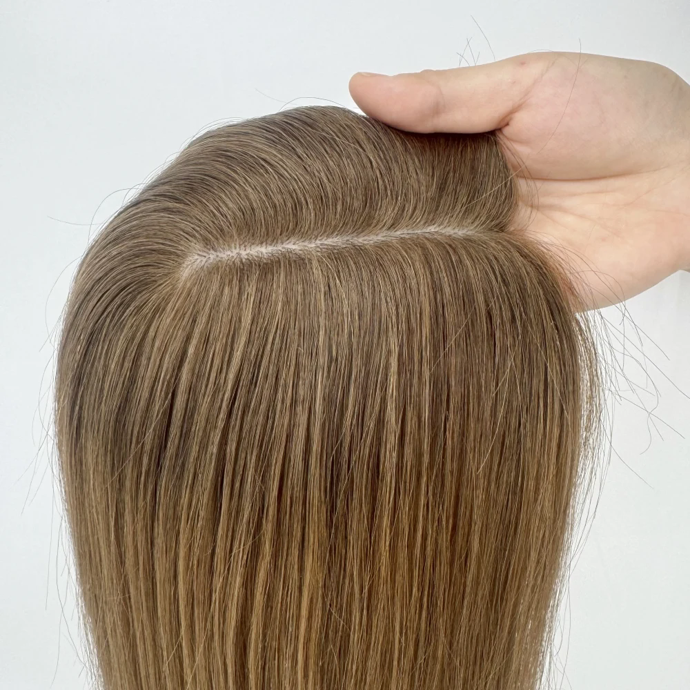 Light Brown Ombre Virgin Hair Women Topper Injected Silicone Skin Base Toupee 9x14cm Clip In Human Hair Topper Silk Bas PU Around or no pu