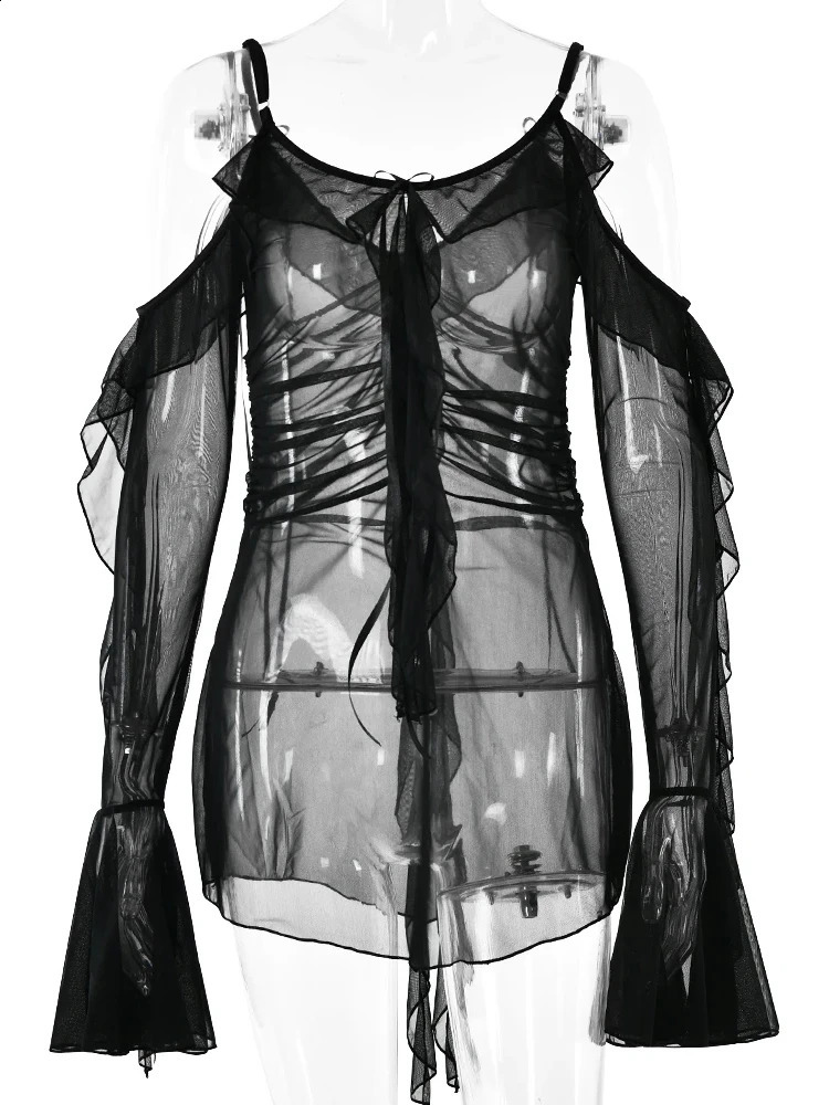 JULISSA MO Sexy See Through Mesh Women Dress Black Long Sleeve Spaghetti Strap Dress Female Summer Skinny Elegant Beachwear 2025 250806