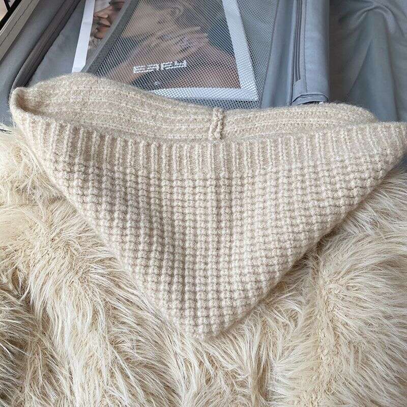 Women's Clothing Faux Mink Fur Cardigan For Women - Soft Cozy Hooded Knit Sweater With Geometric Pattern, Regular Fit, Long Sleeve, Khaki