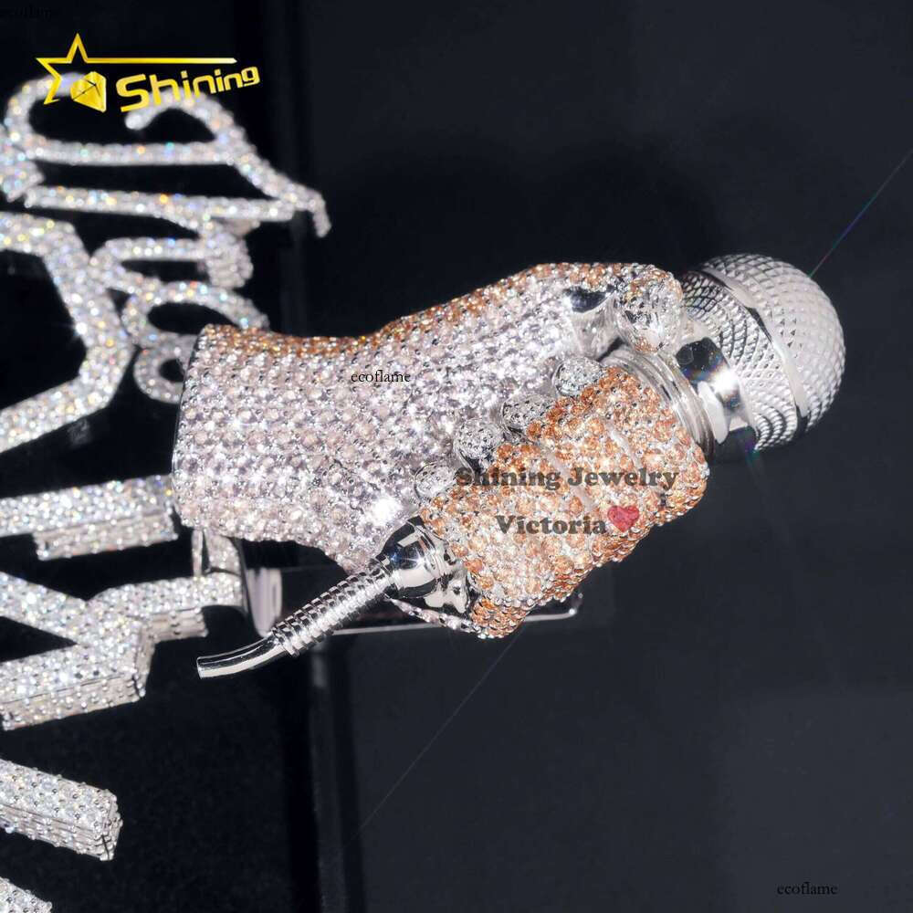 8Inch Big Size Solid Sier Custom Moissanite Dia Round With Microphone Hip Hop Iced Out Pendant for Chain