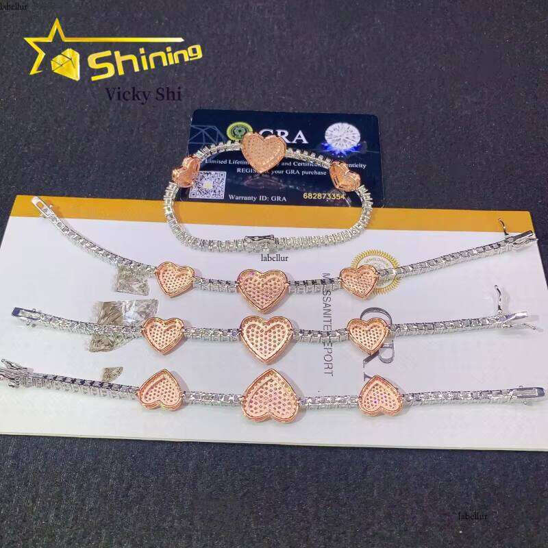 Worldwide Shipping Sier Two Tone Three Heart Tennis Bracelet Custom Men Women Hip Hop Moissanite Bracelets