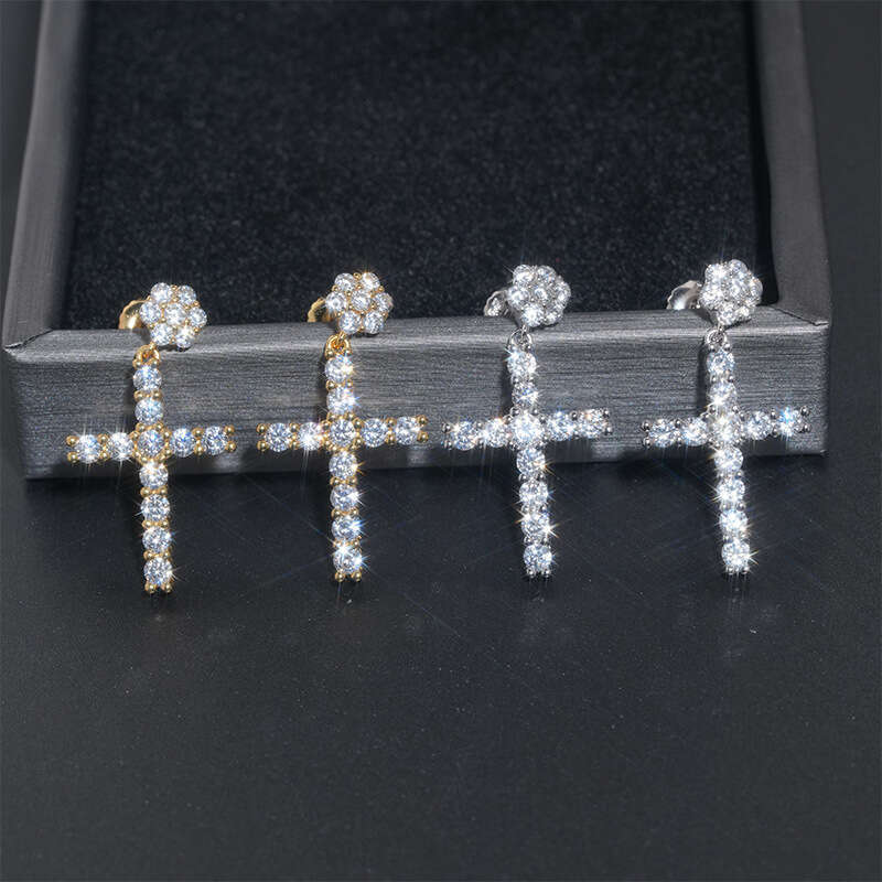 ICED OUT New Full Dia Sier Cross Fashion Micro Pave Zircon Earrings Hip Hop Ear Jewelry