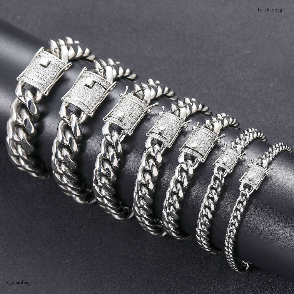 Hip Hop 6-18mm Stainless Titanium Steel Necklace Micro Paved Moissanite chain Clasp Miami Cuban Chain