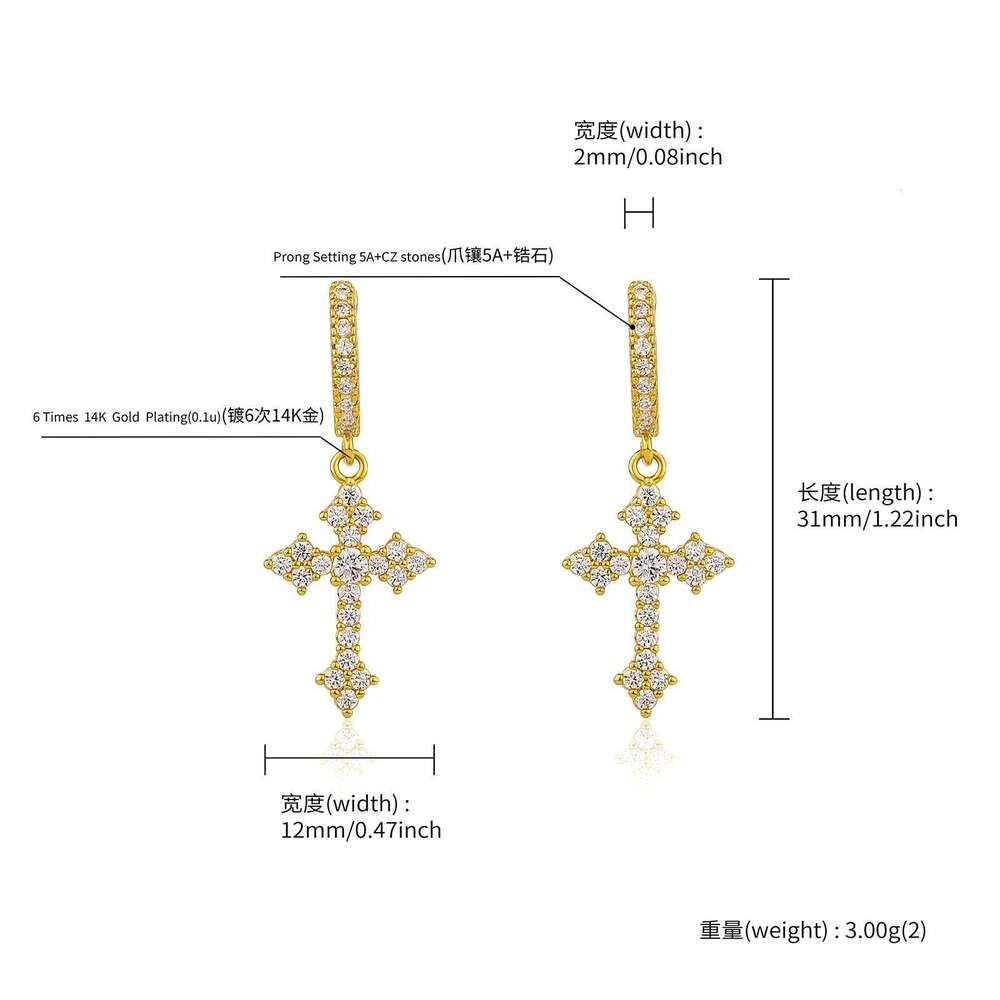 Zircon Cross for Men and Women, Trendy Hip-Hop Style Hoop Earrings