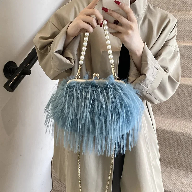 Faux Fur Evening Bag For Women Winter Fluffy Plush Shoulder Crossbody Bag Lady Shell Handbag Clutch Bag 250809