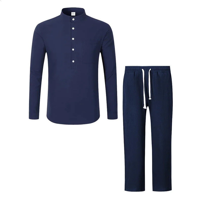 Mens Lightweight y Polo Shirt Set Summer Stand up Collar Button Pocket Cotton Hemp Long Sleeve Pants Casual 250809