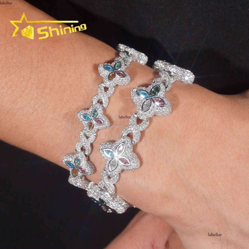 Unique Design Jewelry Hot Selling Hip Hop Mulit Color Marquise Moissanite Iced Out S Sier Cuban Clover Bracelet Men