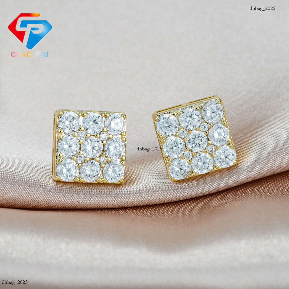 Hot Selling Sier Inlaid Moissanite Princess Cut High-End Unisex Hip-Hop Earrings