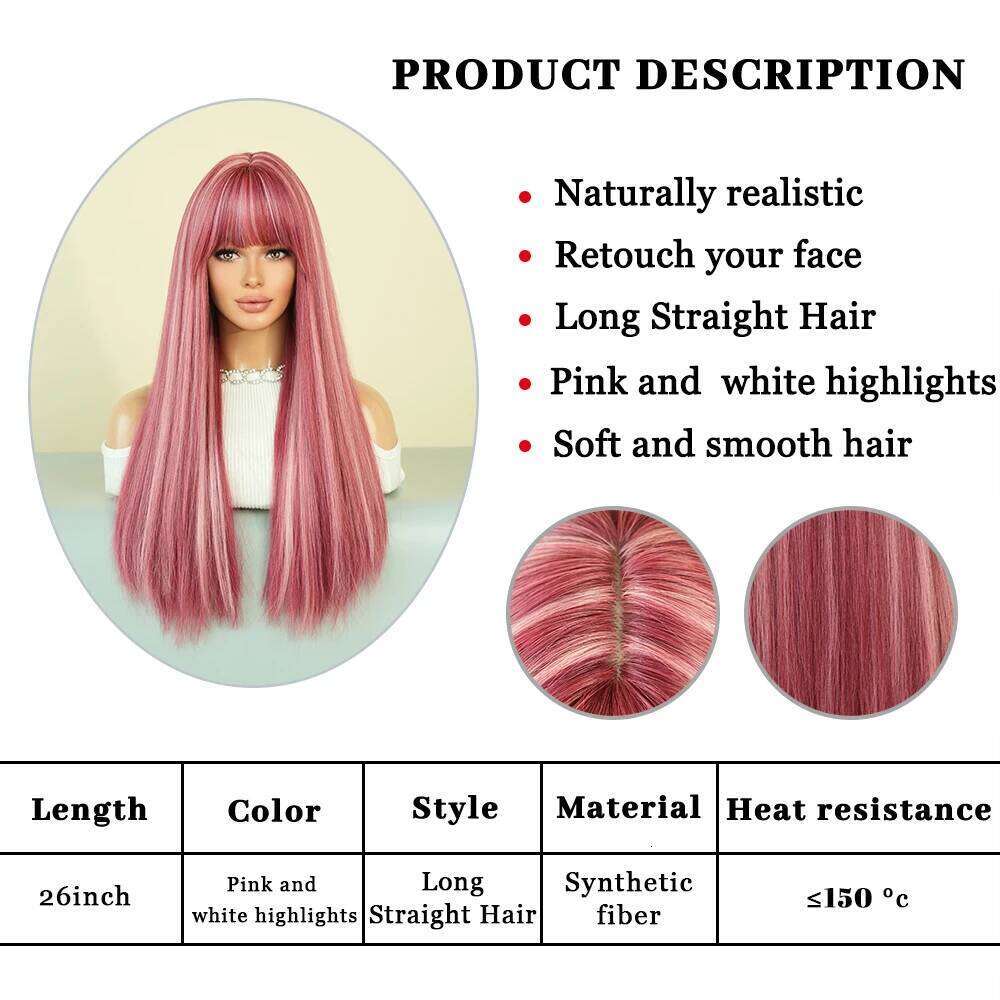 PARK YUN Long Straight Pink Wigs with bangs Women Highlights white Popular Sweet Synthetic Wig for Daily Cosplay Lolita