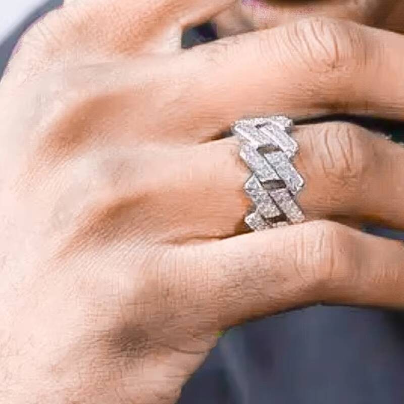 Pass Diamond Tester Hip Hop Bling D Color Moissanite Iced Out Mens 2 Rows Cuban Link Ring With 925 Sterling Silver GRA