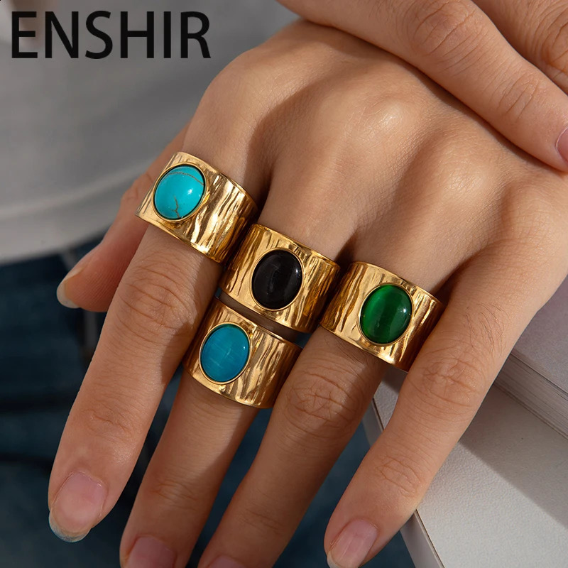 ENSHIR 316L Stainless Steel Inlaid Colorful Stone Wide Ring for Women Men Vintage French Temperament Jewelry Gift Wholesale 250805