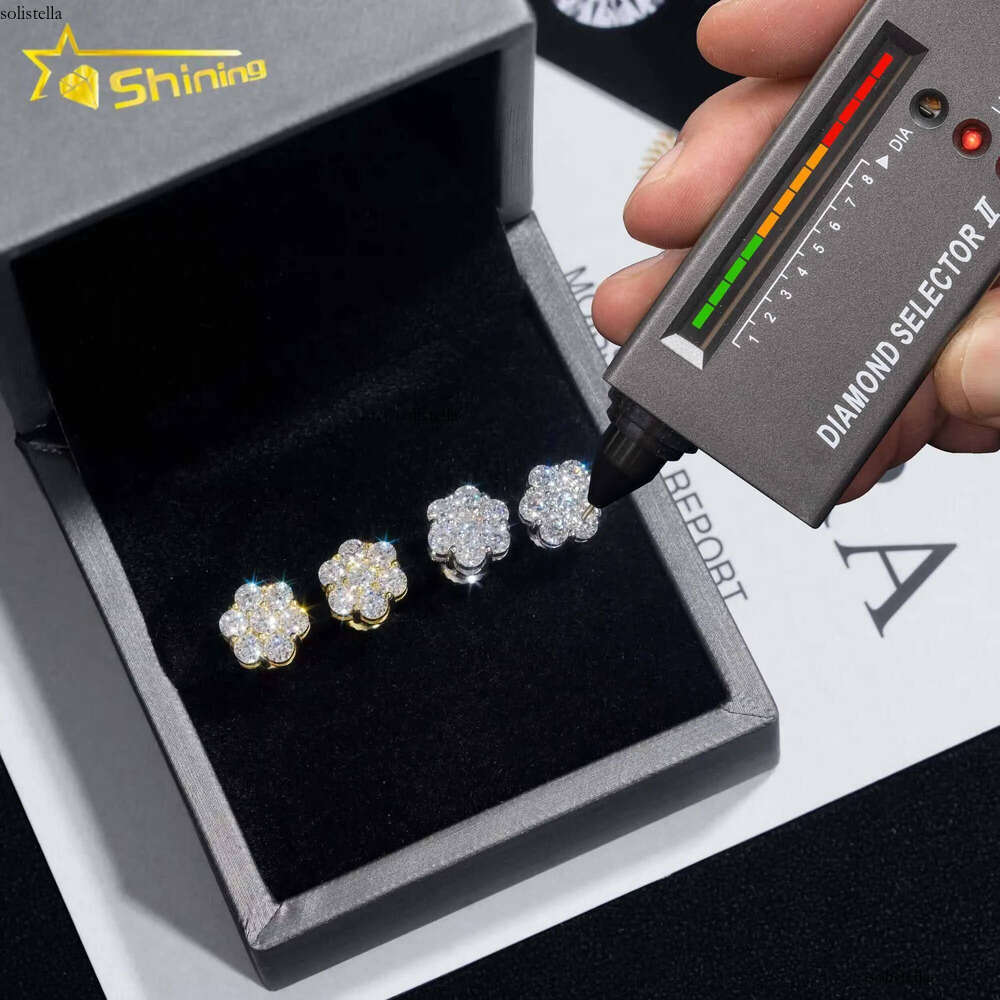 Hot Sale Pass Tester Hip Hop Sier Gold Plated Flower VVS Moissanite Dia Stud Earrings