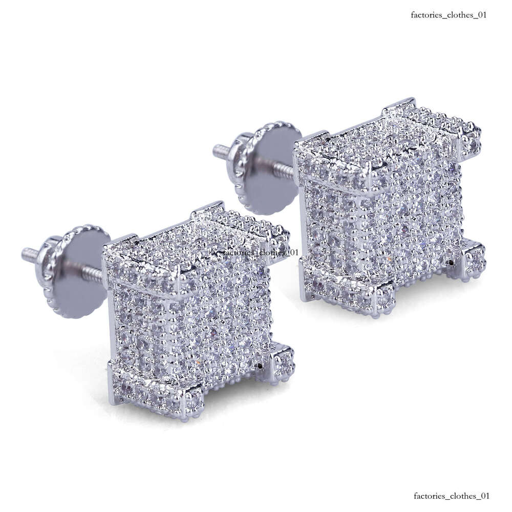 Square Full Zircon Stud Earrings Hip Hop Jewelry Sier Ear Needle