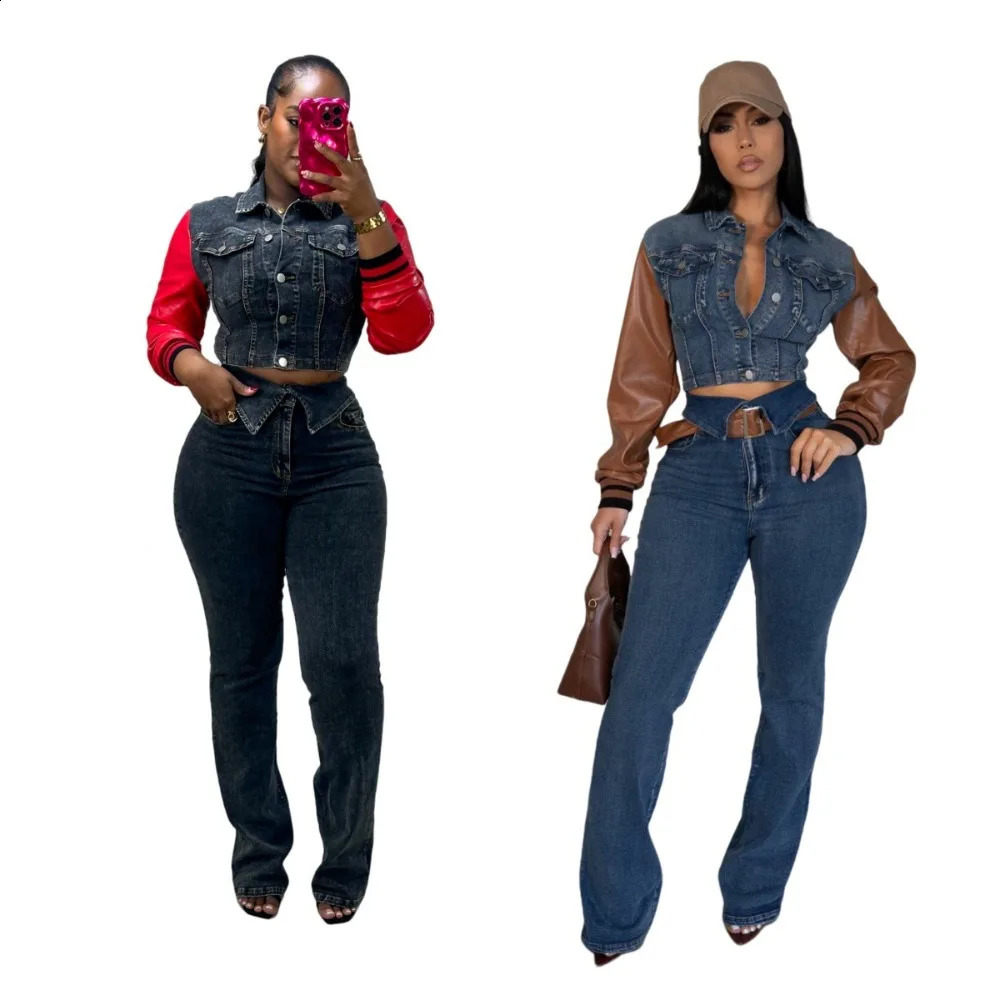 Women Denim 2 Piece Sets PU Denim Jacket Top Wide Leg Pant Stretch Jeans Suits Autumn Trousers Ensemble Streetwear Outfits 2025 250808