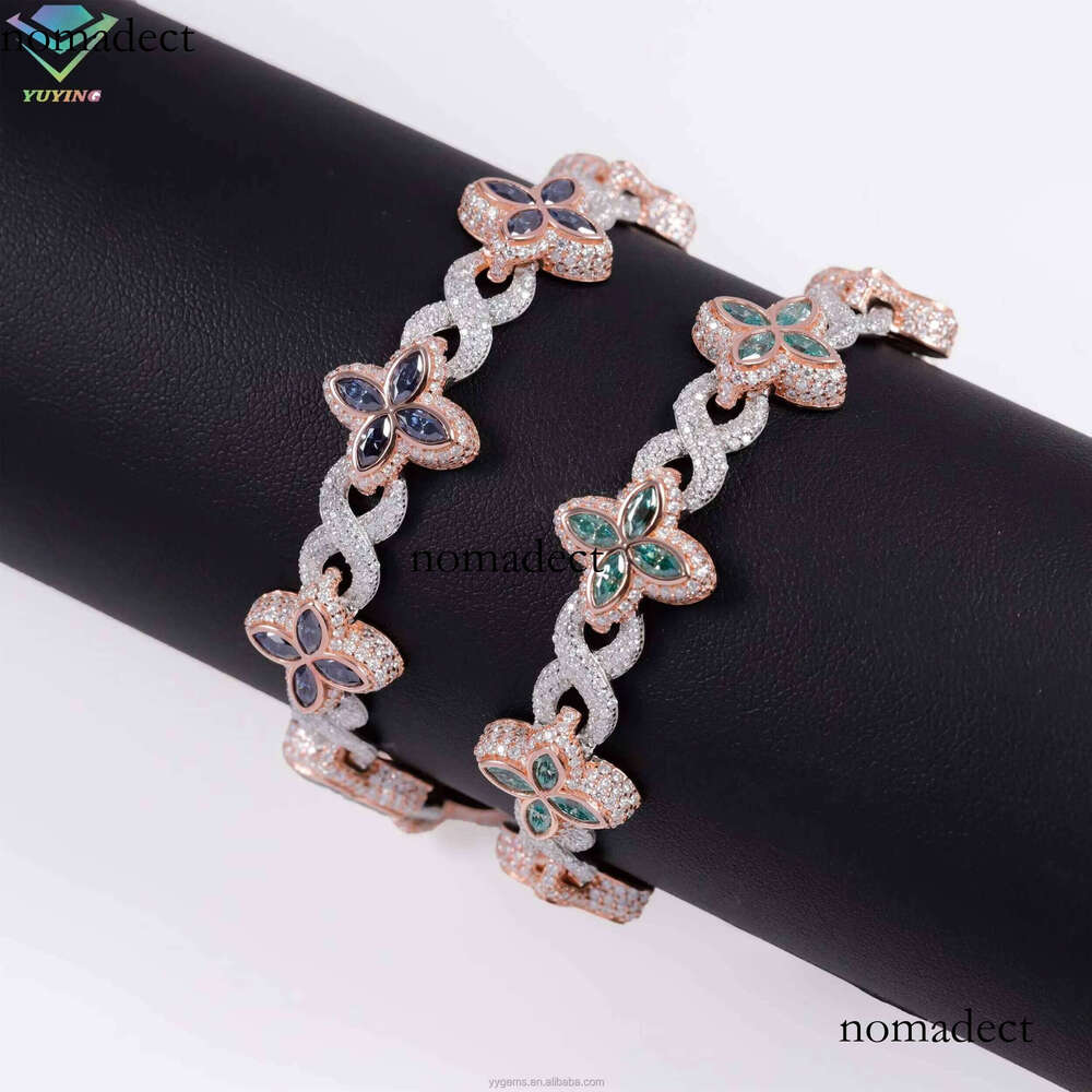 Jewelry S Sterling Sier Gold Clover Pink Green Blue Dia Cuban Hip Hop Moissanite Bracelet with GRA Certificate