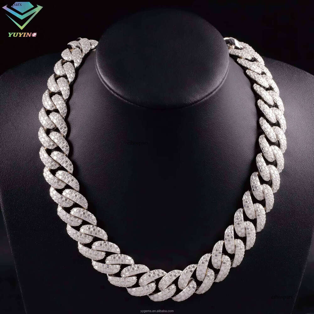 Design VVS Baguette Moissanite Chain 23mm Wide Solid Sier Gold Plated Iced Dia Rapper Cuban Link Necklace