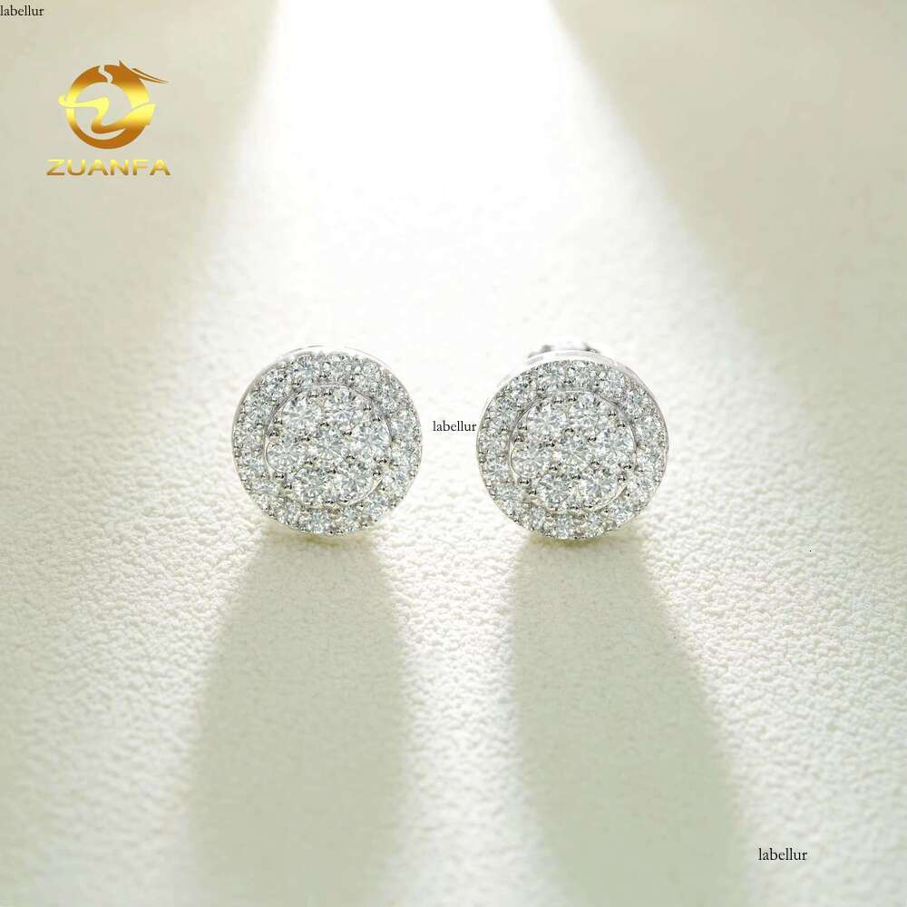 Round Cluster S Pure Sier Gold-Plated Micro Paving Back For Women Men Vvs Sand And Stone Earrings With Screw