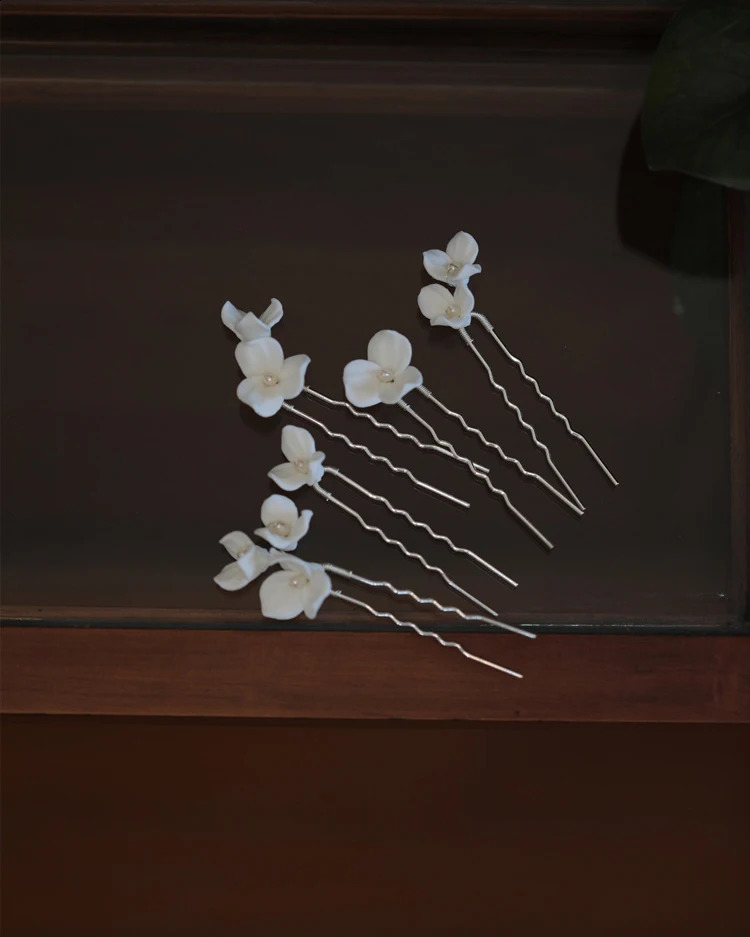 Bridal Jewelry Pearl Hair Pin Clip Porcelain Flower Head Piece For Bride Women Silver Color Hairpin Earrings Wedding Accessories 250807